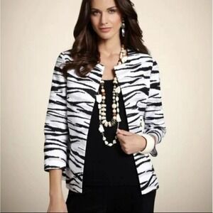 Chico's size 2 Animal Print Jacket Open Front 3/4 Sleeve Blazer Black White S 12